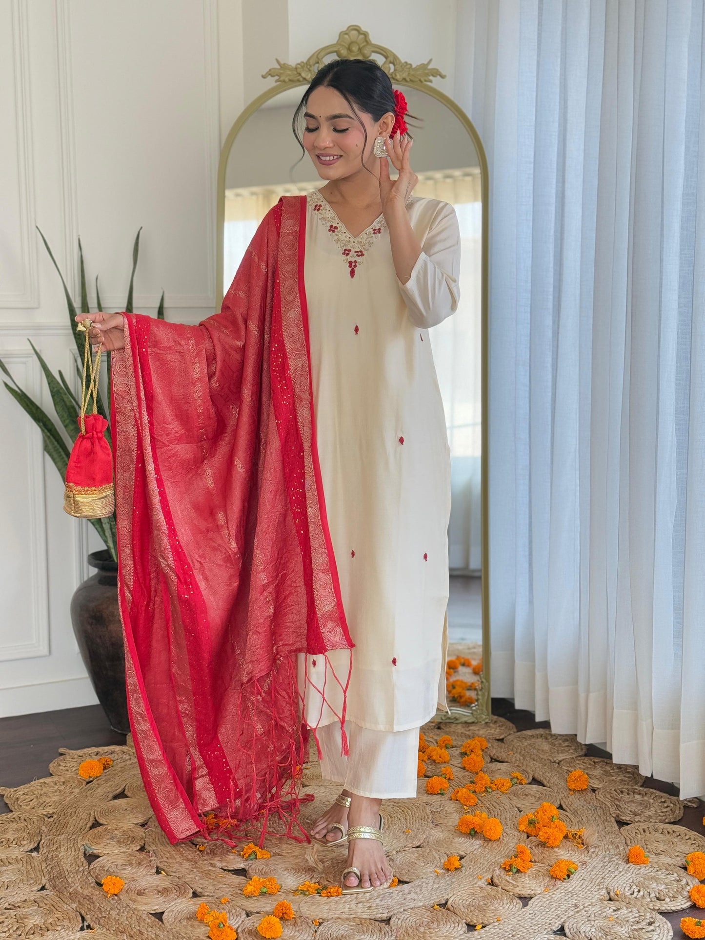 Myra Ivory Silk Suit Set with Scarlet Dupatta