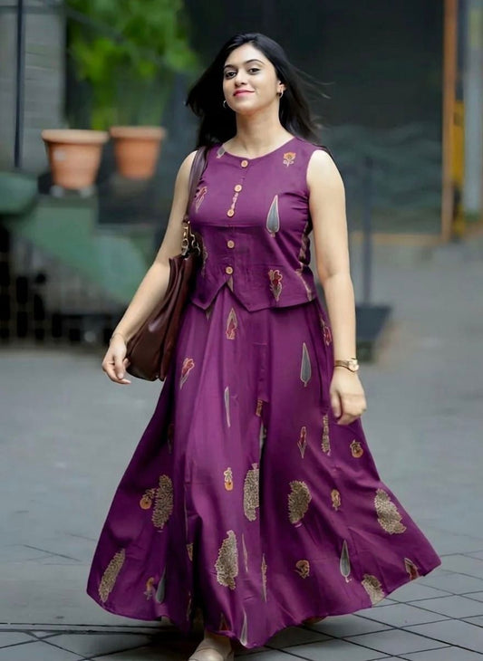 Nikhar Plum Purple Cotton Jacket-Style Crop Top and Flared Maxi Skirt Co-ord Set