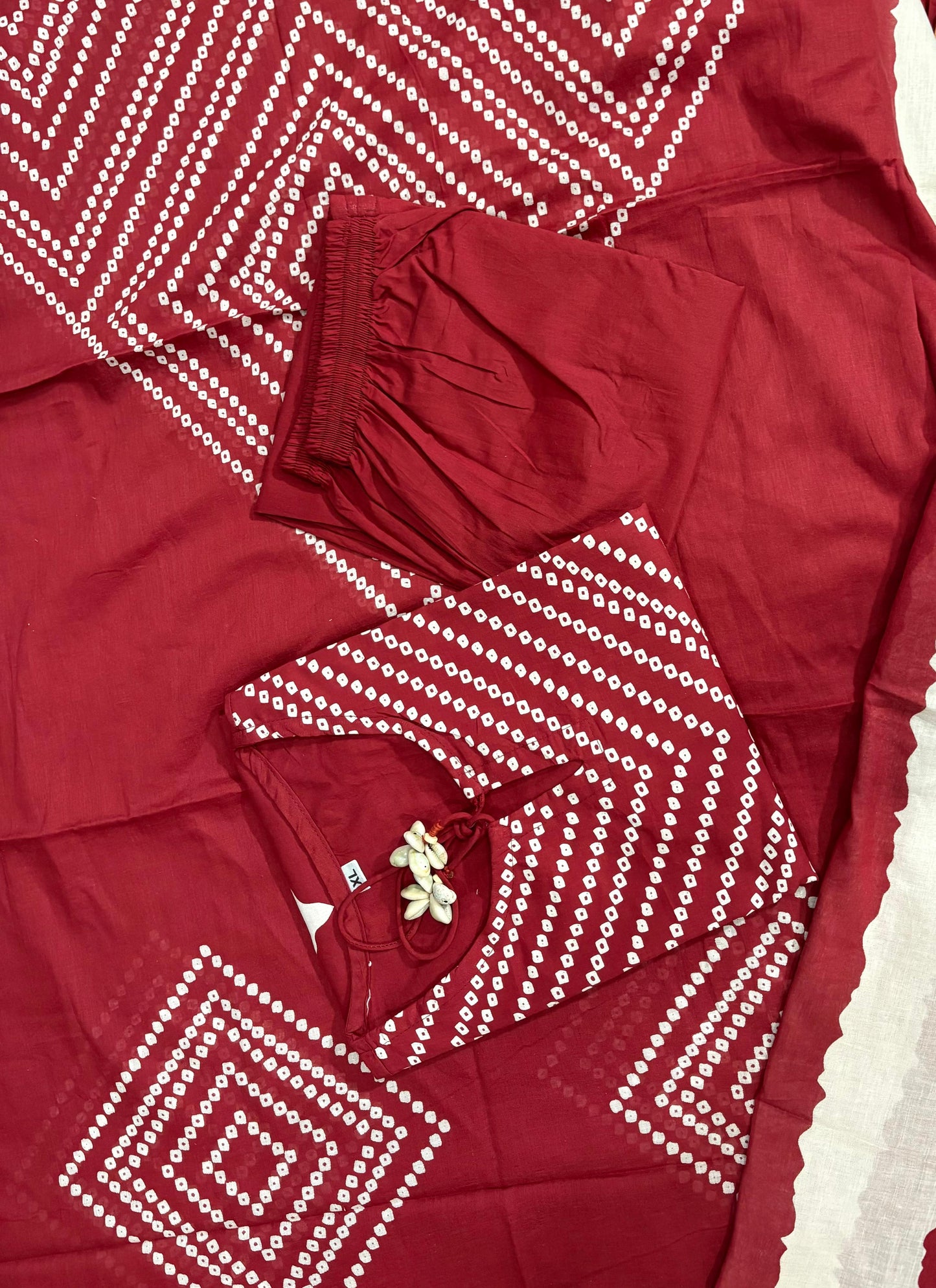 Sanjh Burgundy Maroon Cotton Bandhani Discharge Print Kurta Set with Dupatta