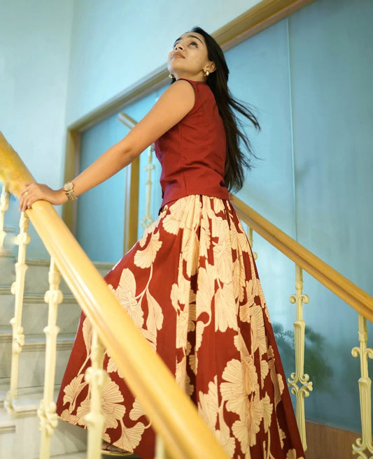 Terracotta Maroon Cotton Crop Top and Flared Floral Maxi Skirt Co-ord Set