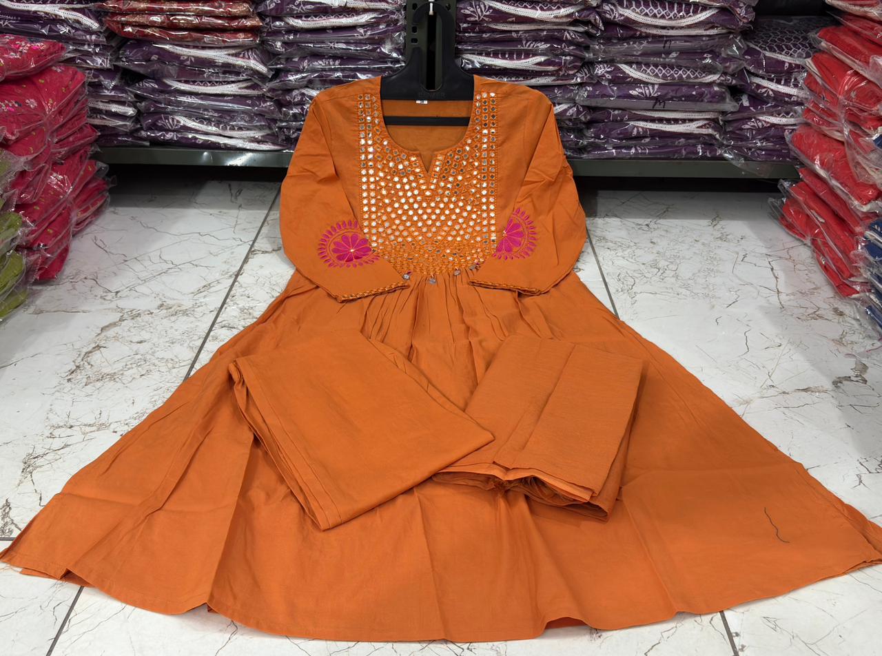 Shalini Festive Rust Orange A-Line Kurta Set with Mirror Work Yoke and Dupatta