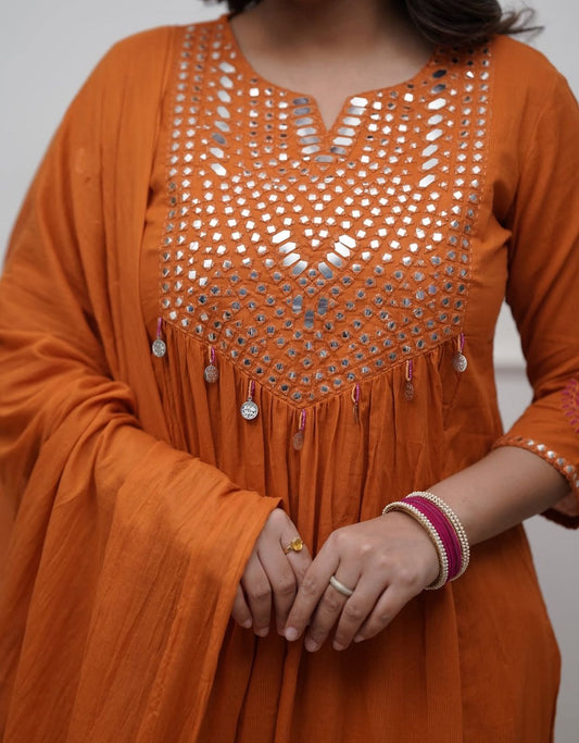 Shalini Festive Rust Orange A-Line Kurta Set with Mirror Work Yoke and Dupatta