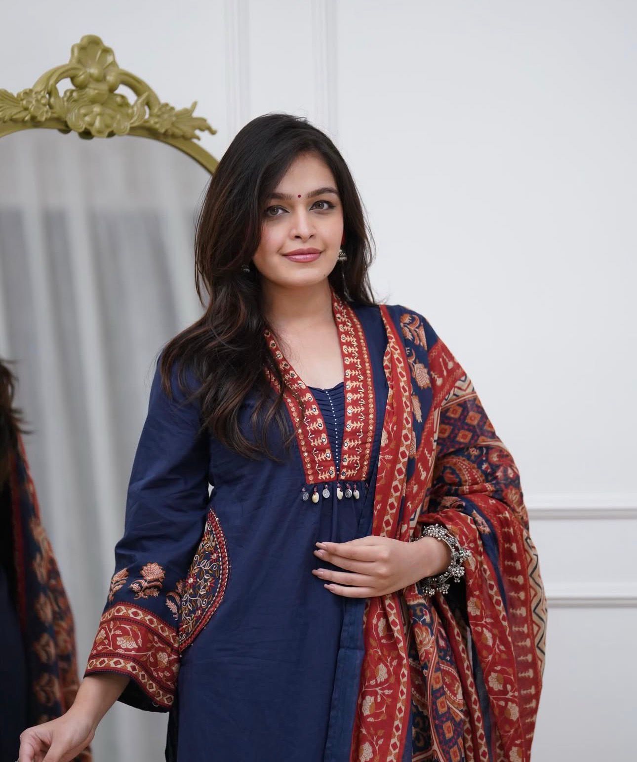 Premium Navy Blue Cotton Straight Kurta Set with Handwork Neckline and Ajrakh Prints