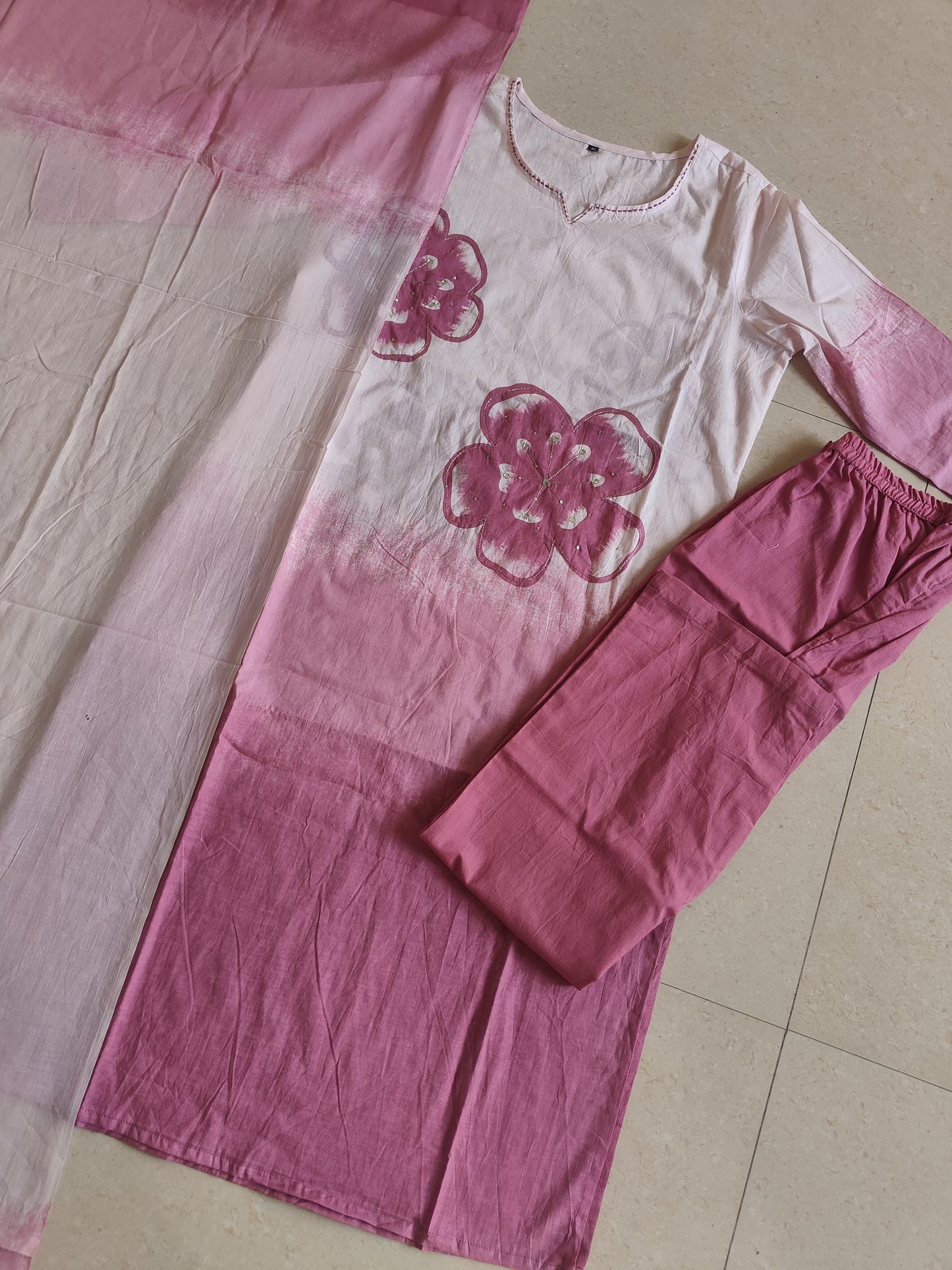 Shikha Pink and White Ombre Cotton Straight Kurta Set with Hand-Painted Floral Motifs