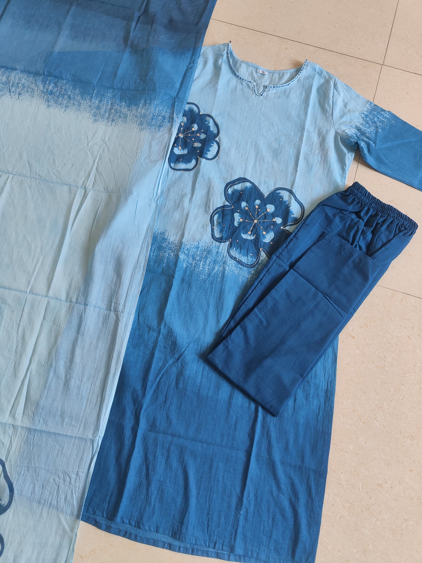 Nitya Powder Blue and Indigo Cotton Straight Kurta Set with Hand-Painted Floral Motifs