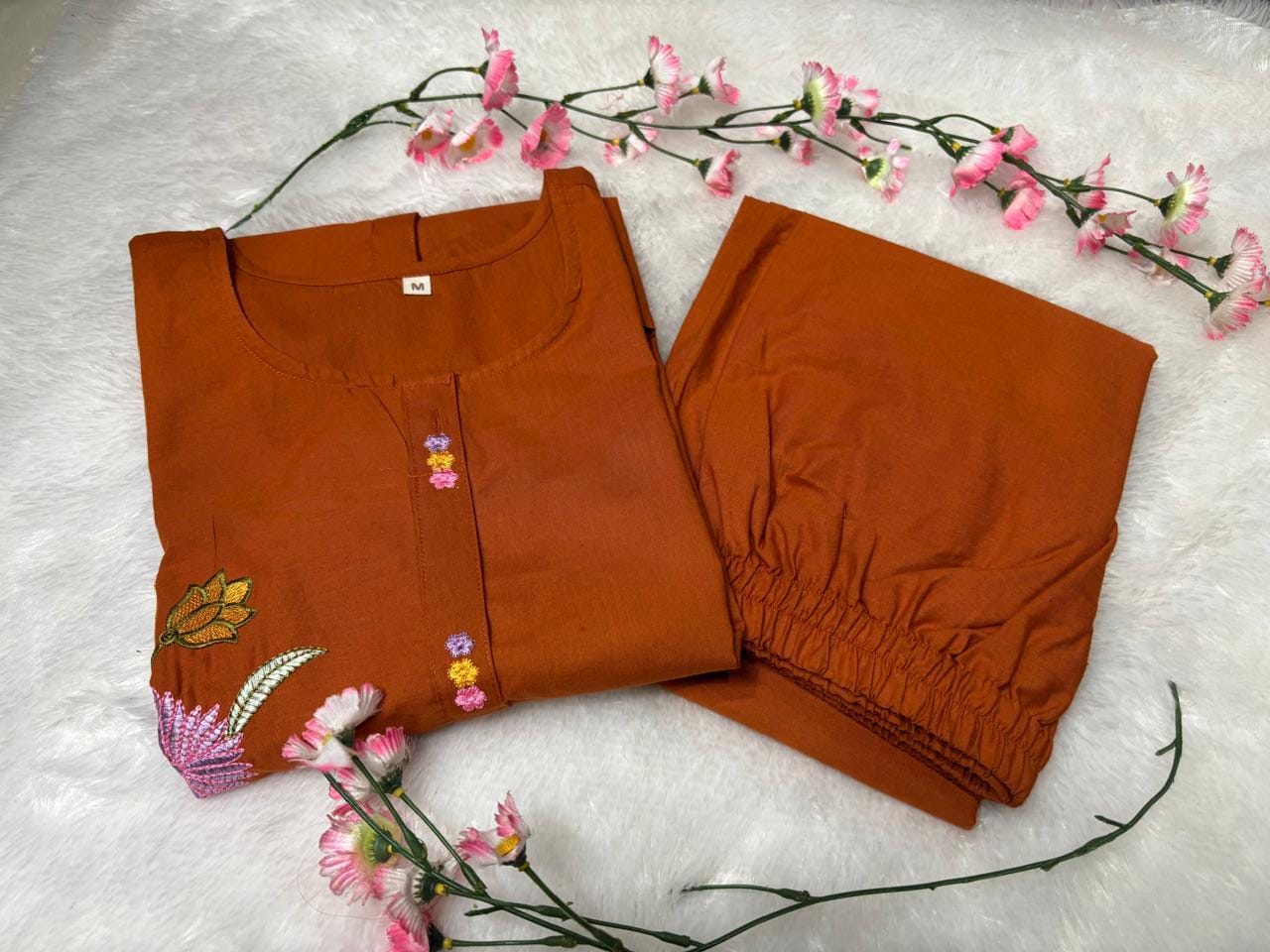 Ava Elegant Rust Orange Cotton Co-ord Set with Floral Embroidery