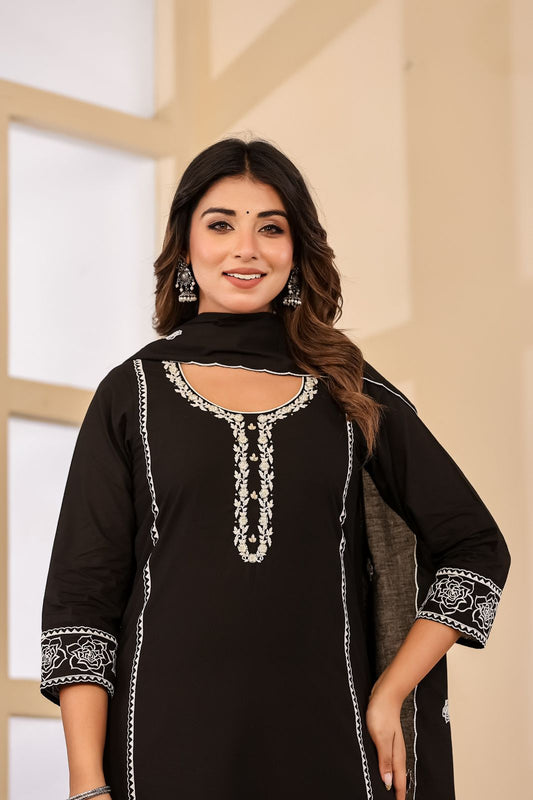 Jaslyn Classic Black Embroidered Cotton Suit Set