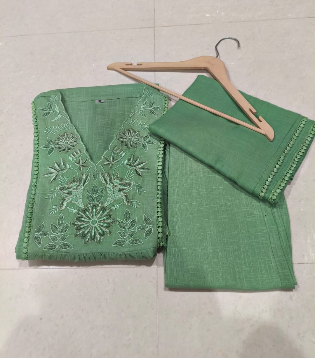 Latika Sage Green Cotton Slub Embroidered Anarkali Kurta Set