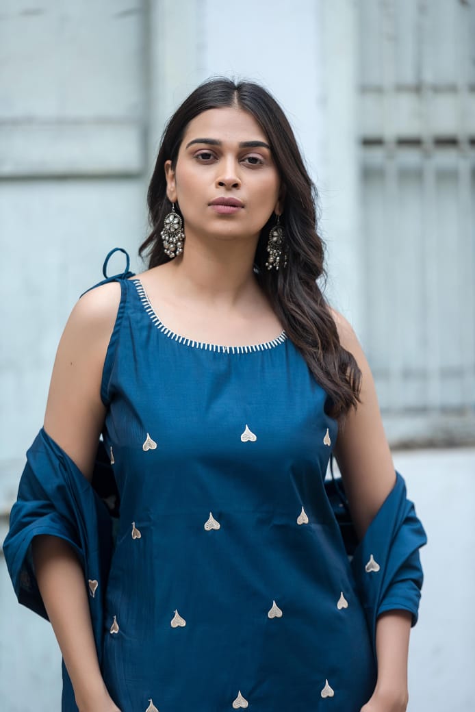 Camila Chic Teal Blue Heart-Print Sleeveless Cotton Kurti Set with Pant and Dupatta