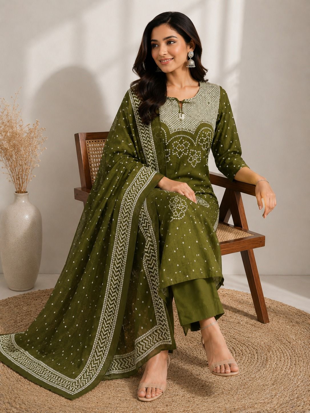 Roma-Olive Green Bandhej Discharge Print Cotton Suit Set