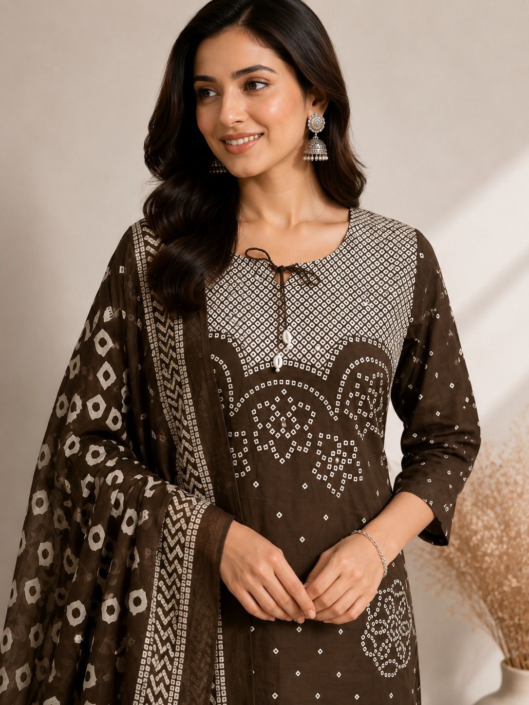Kasturi-Brown Bandhej Discharge Print Cotton Suit Set