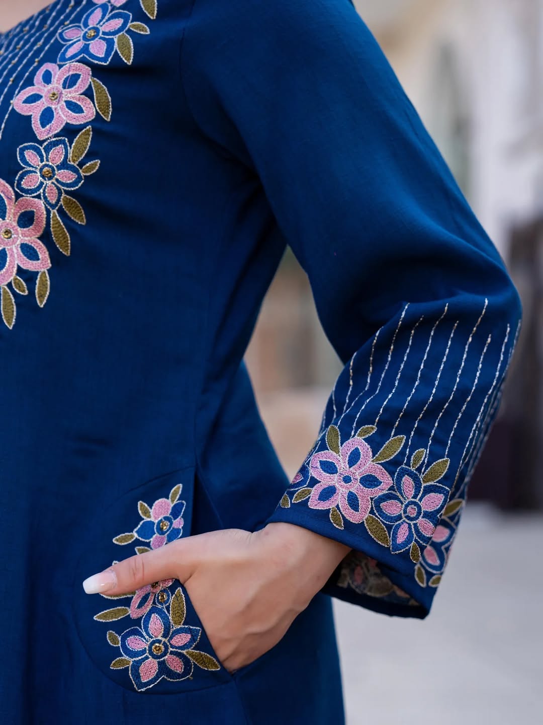 Neelam-Blue Embroidered A-Line Cotton Suit Set