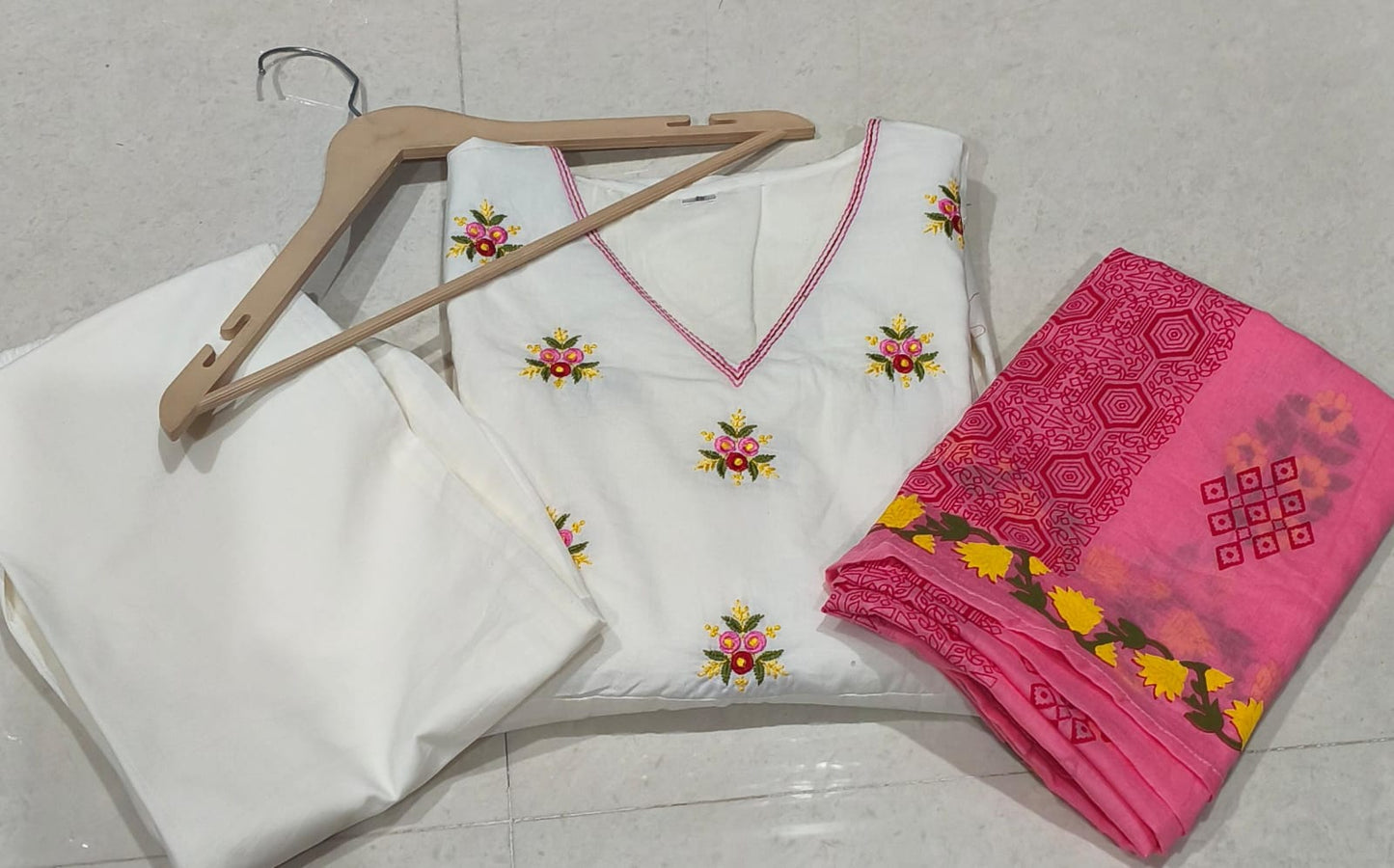 Trisha White Embroidered Cotton Anarkali Pant Set with Pink Dupatta