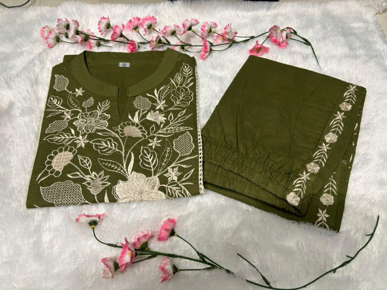 Gia Beautifu Green Cord set with Embroidery kurti with pant