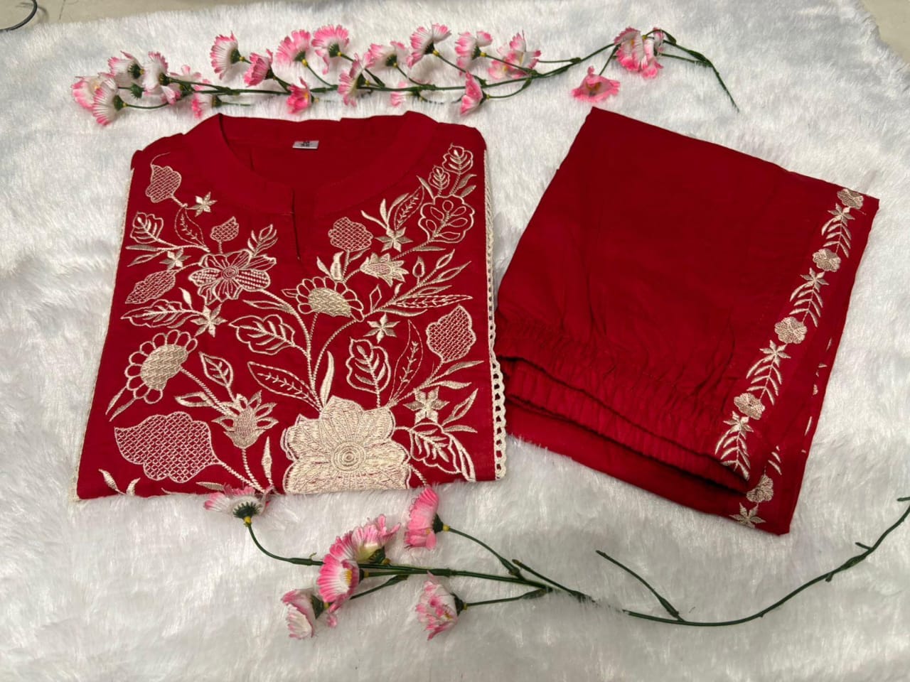 Alina Beautiful Embroidery kurti With embroider pant Red co-ord set