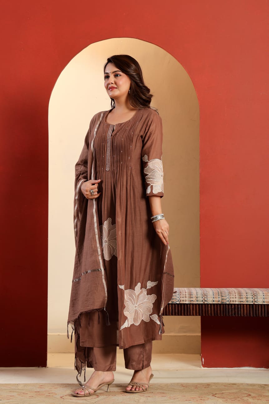 Reva Embroidered Handwork Brown Cotton Suit Set