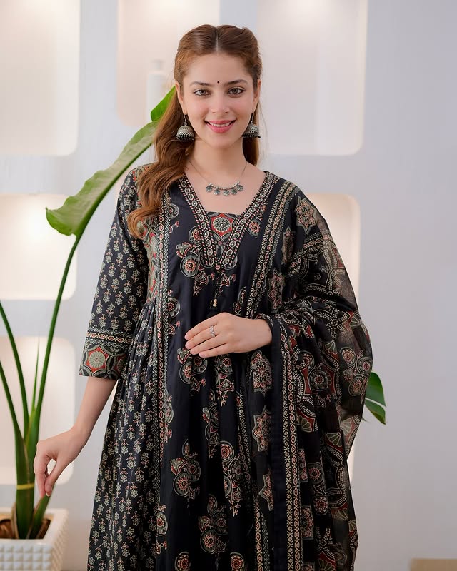 Meera Midnight Black Ajrakh Print Flared Anarkali cotton Suit Set