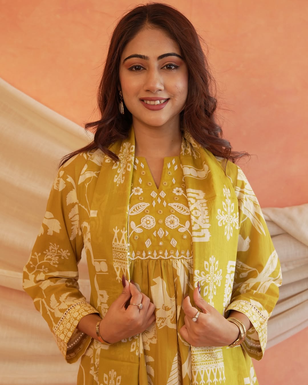 Ruby Mustard Yellow Floral Printed Cotton Anarkali Kurta, Pant, and Dupatta Set