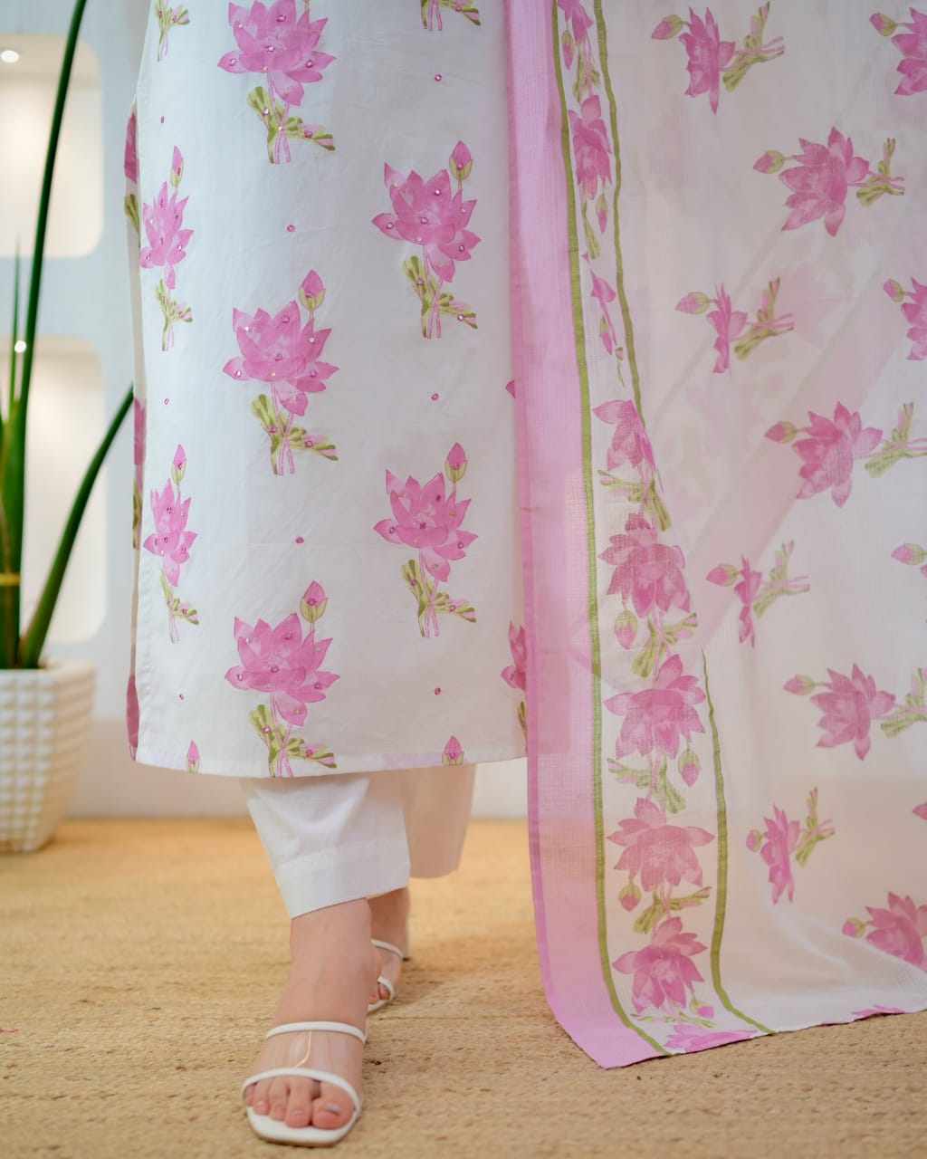 Isha Floral Elegance Handwork Cotton Kurta Pant Set with Printed Mulmul Dupatta