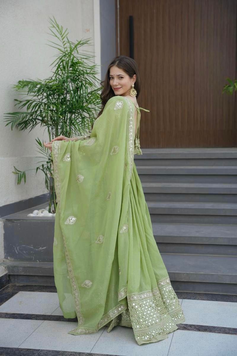 Rochelle Green Embroidered Anarkali Gown with Dupatta Cotton Suit Set