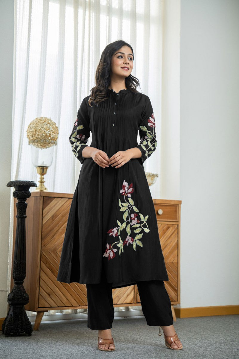 Nellie Floral Embroidered Pure Cotton Pin-Tucked Kurta and Pant Set