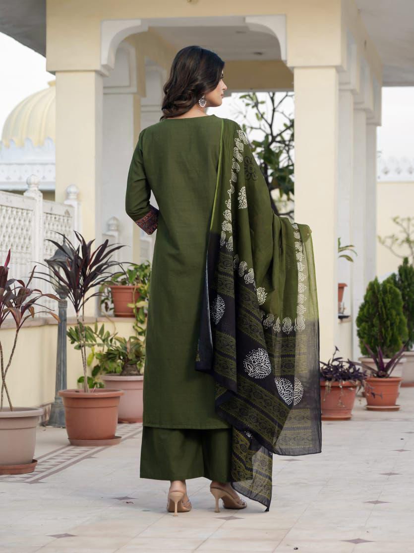 Shanaya Olive Green Cotton flex Trousers Set with Patchwork and Hand Kantha Work