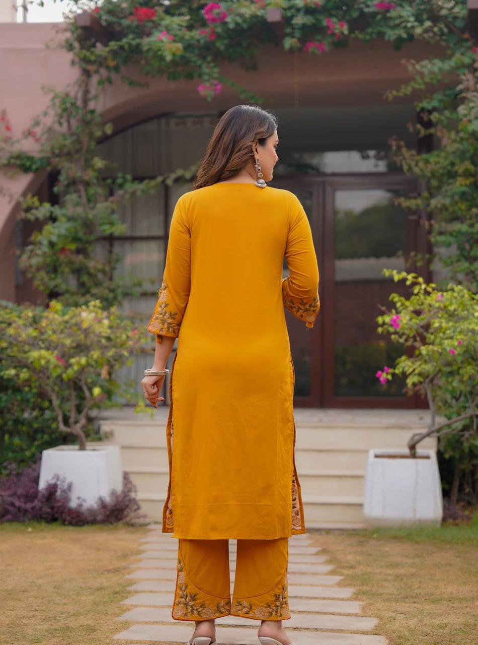 Navya Mustard Yellow Pure Cotton Suit Set with Detailed Border Embroidery & Palazzo