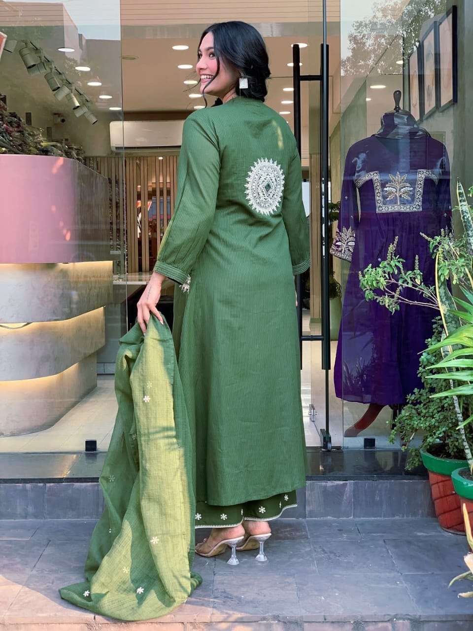 Danika Olive Green Cotton Embroidered Kurta Set with Dupatta