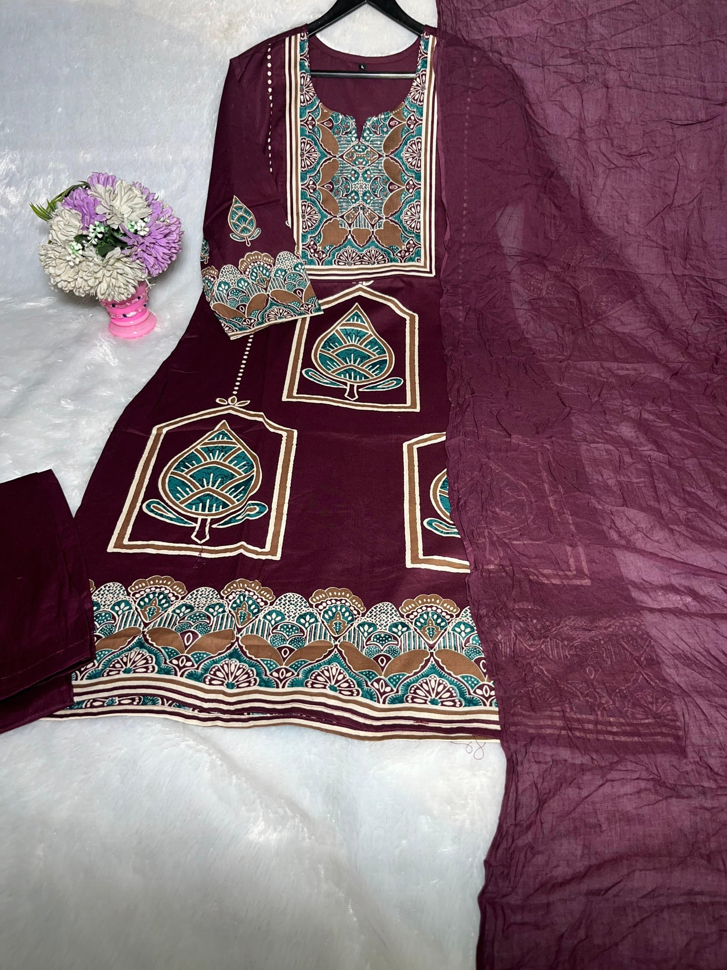 Aashna Premium Wine Plum Cotton Handwork Kurta Set