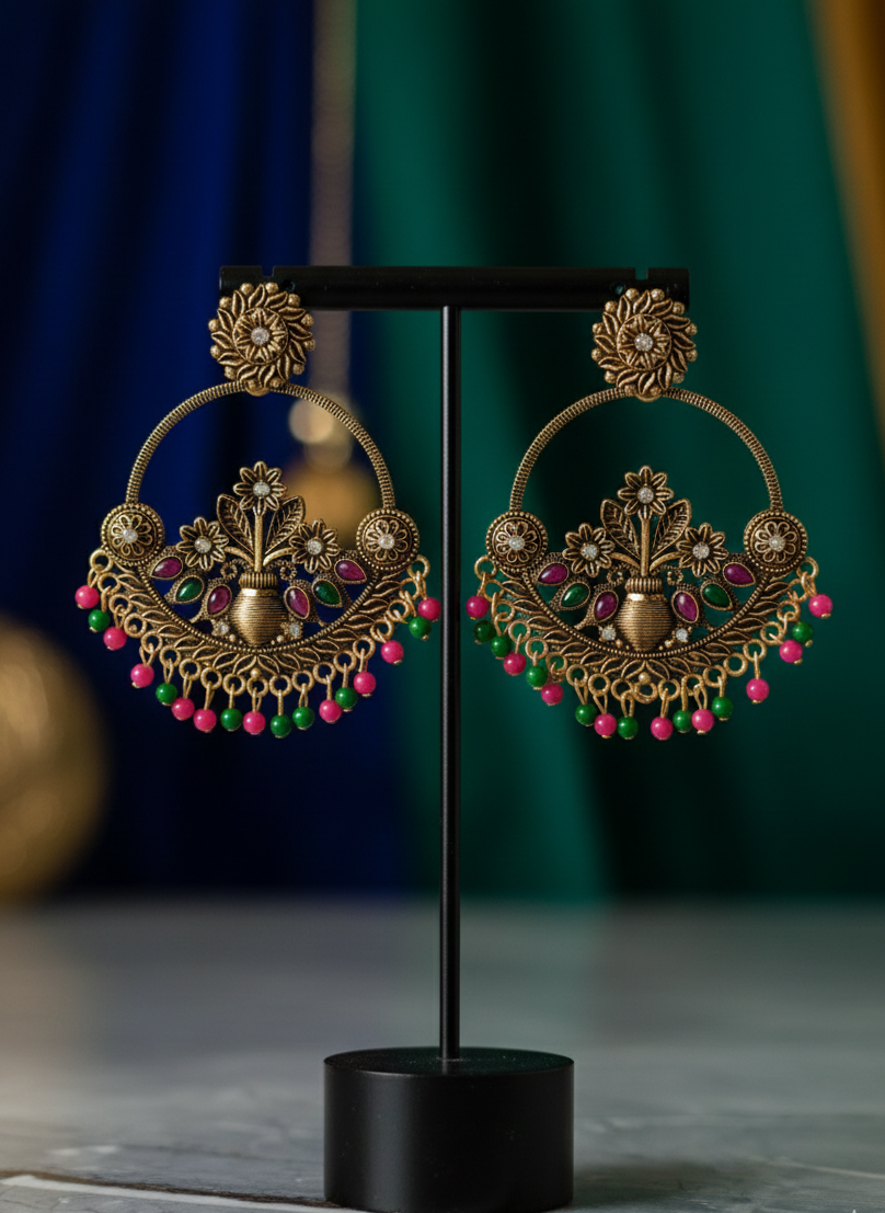 Antique Gold-Plated Floral Pot Chandbali Earrings