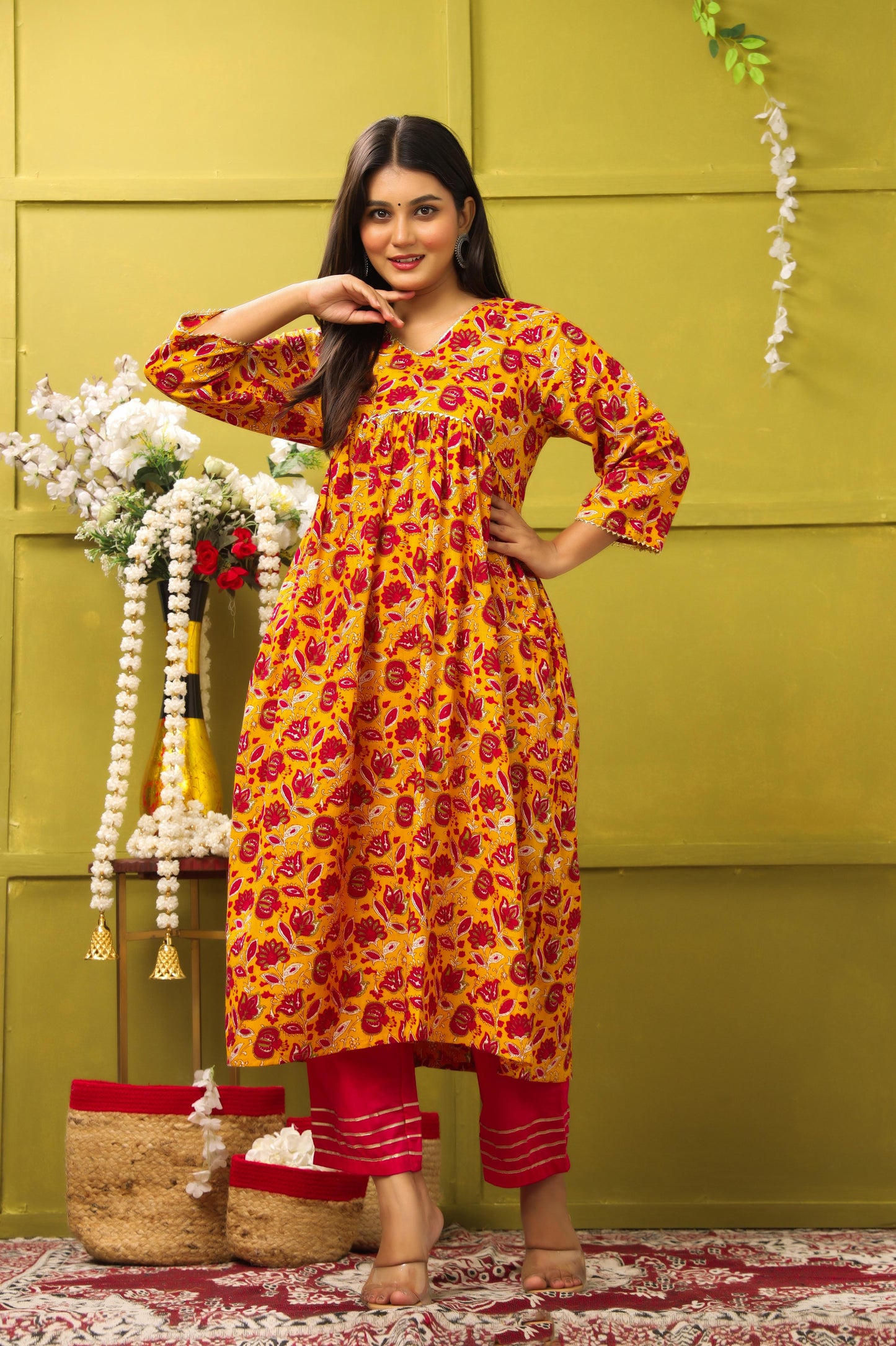 Gulnaar Pink Flower Printed Ethinc Set