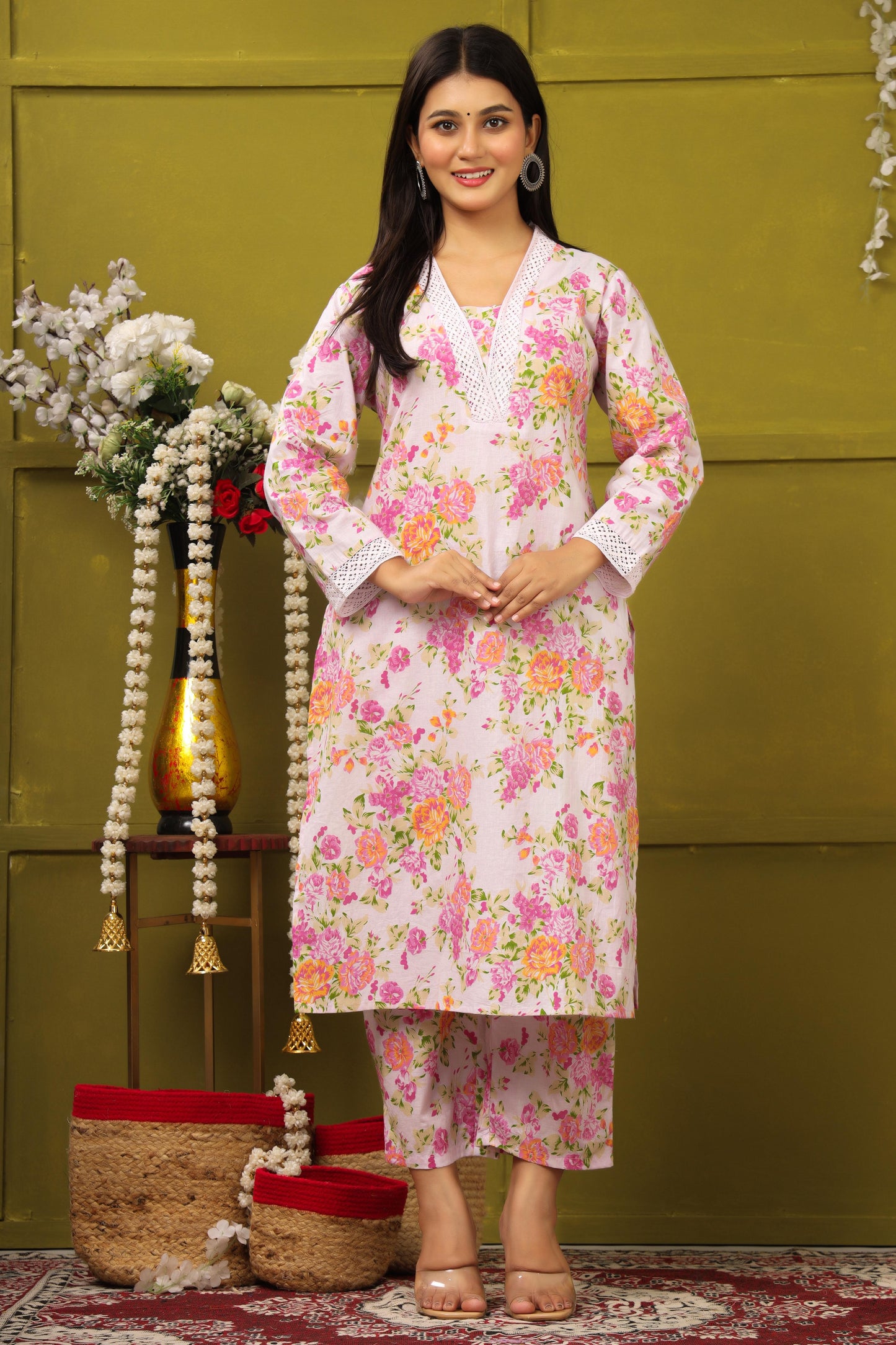 Saanjh Light Pink Printed Cotton Suit Set