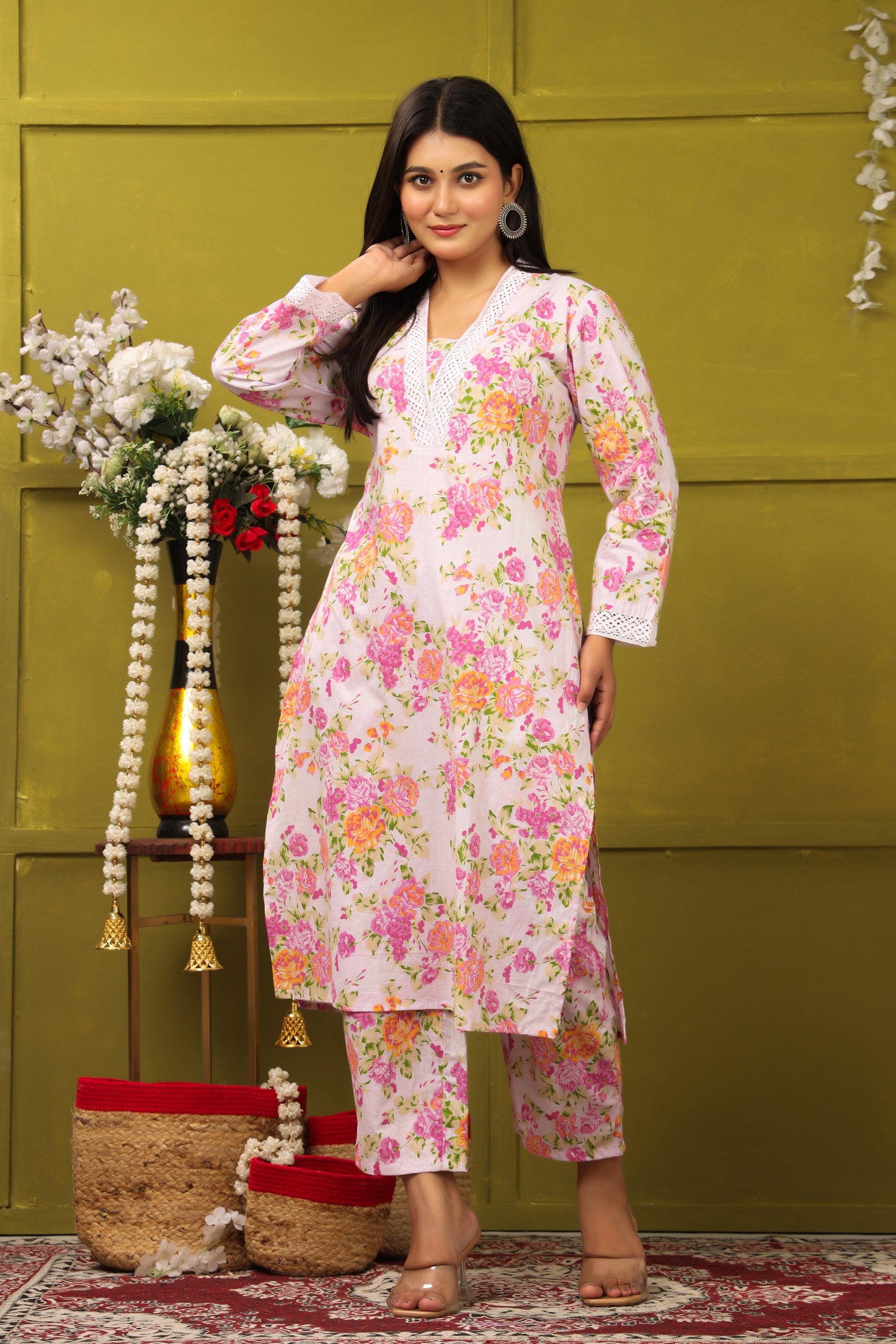 Saanjh Light Pink Printed Cotton Suit Set