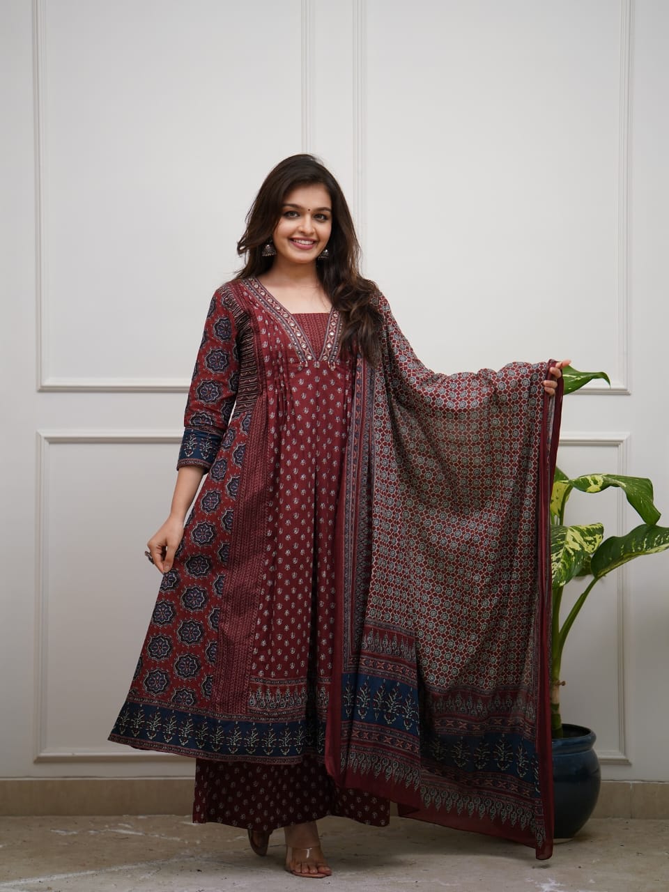Leela Desert Bloom Maroon Jaipuri Print Cotton Suit Set