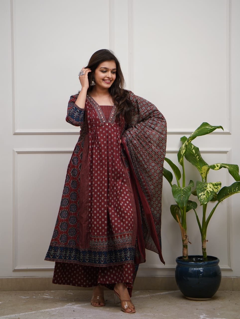 Leela Desert Bloom Maroon Jaipuri Print Cotton Suit Set