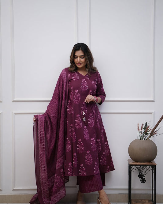 Kavya Wine Suit Set With Dupatta