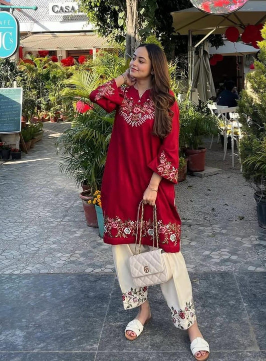 Falak Red Embroidered Co-ord Set