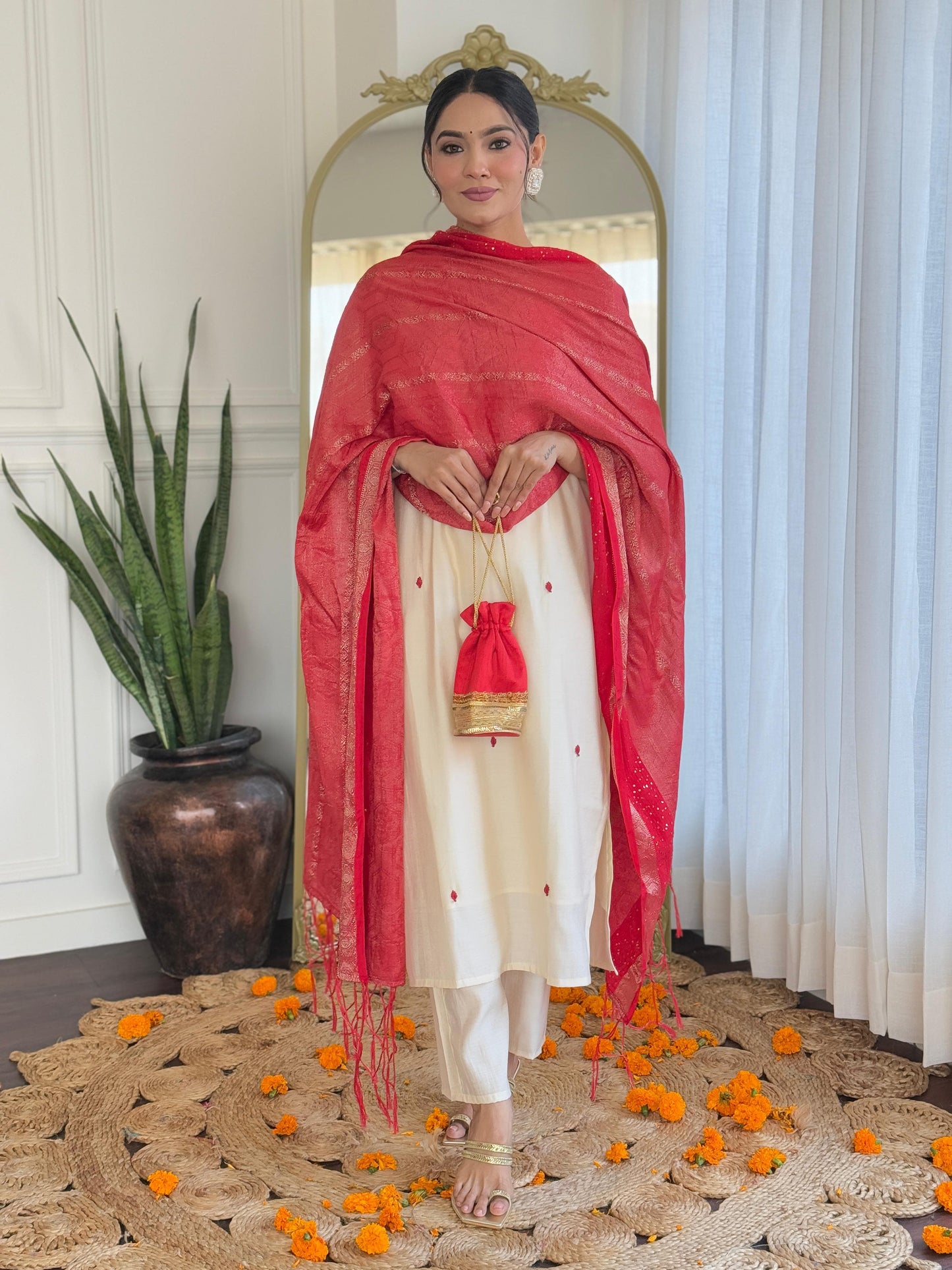 Myra Ivory Silk Suit Set with Scarlet Dupatta