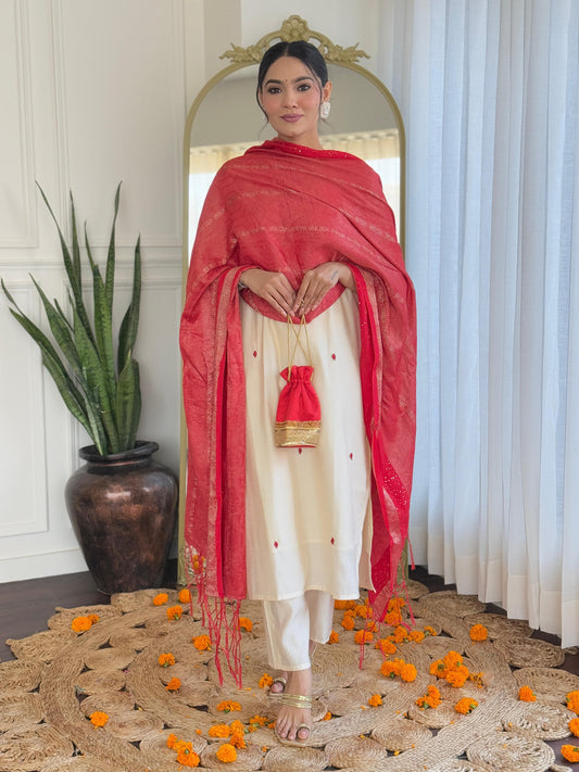 Myra Ivory Silk Suit Set with Scarlet Dupatta