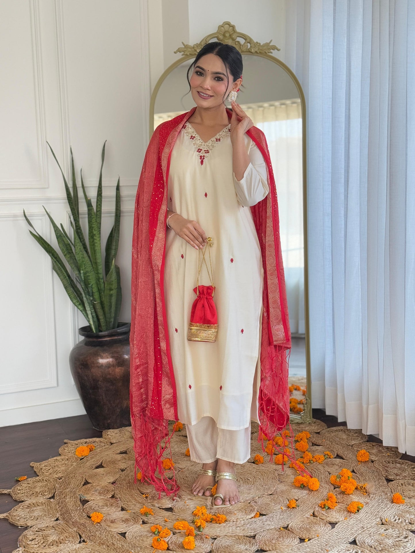 Myra Ivory Silk Suit Set with Scarlet Dupatta