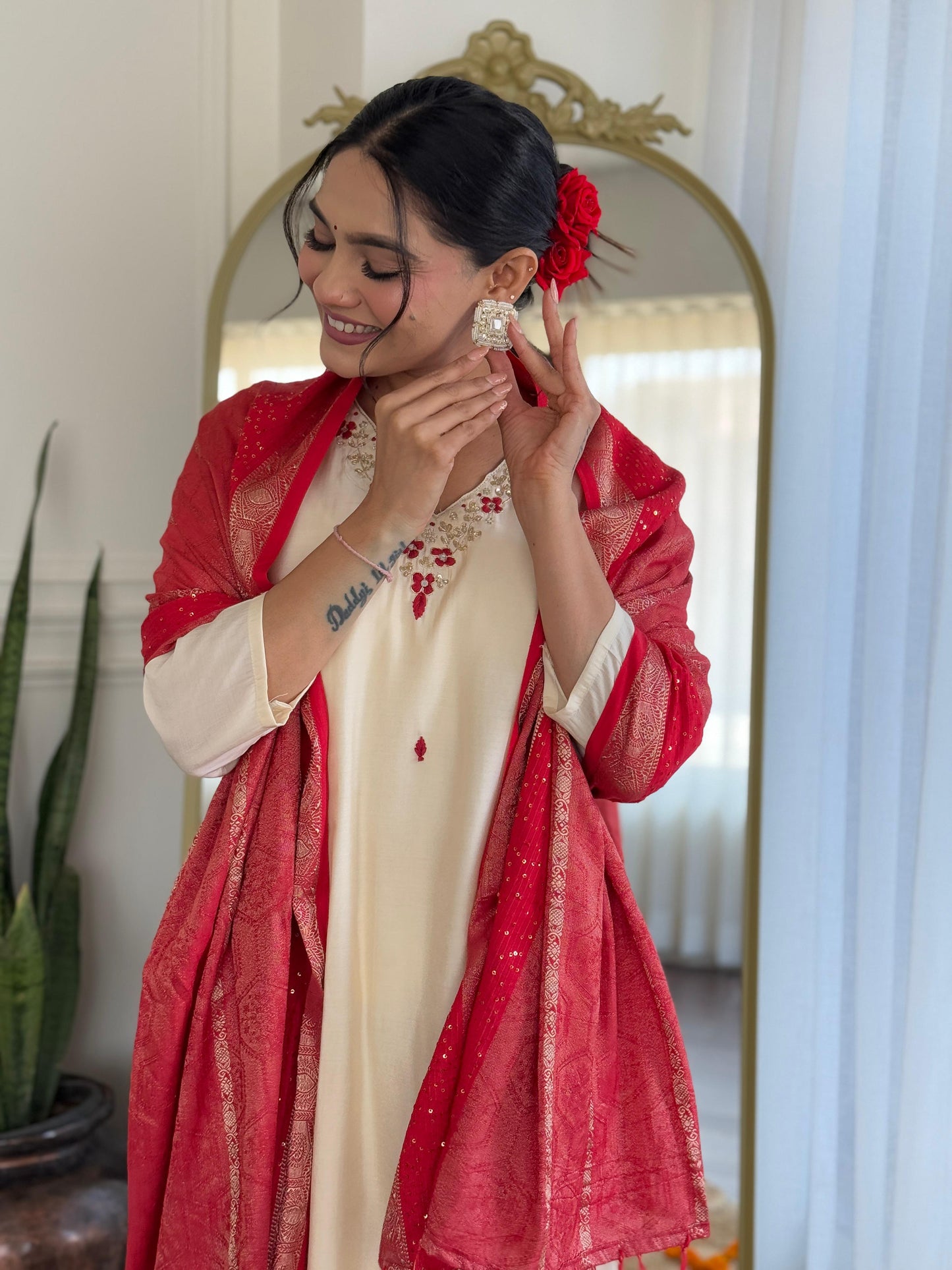 Myra Ivory Silk Suit Set with Scarlet Dupatta
