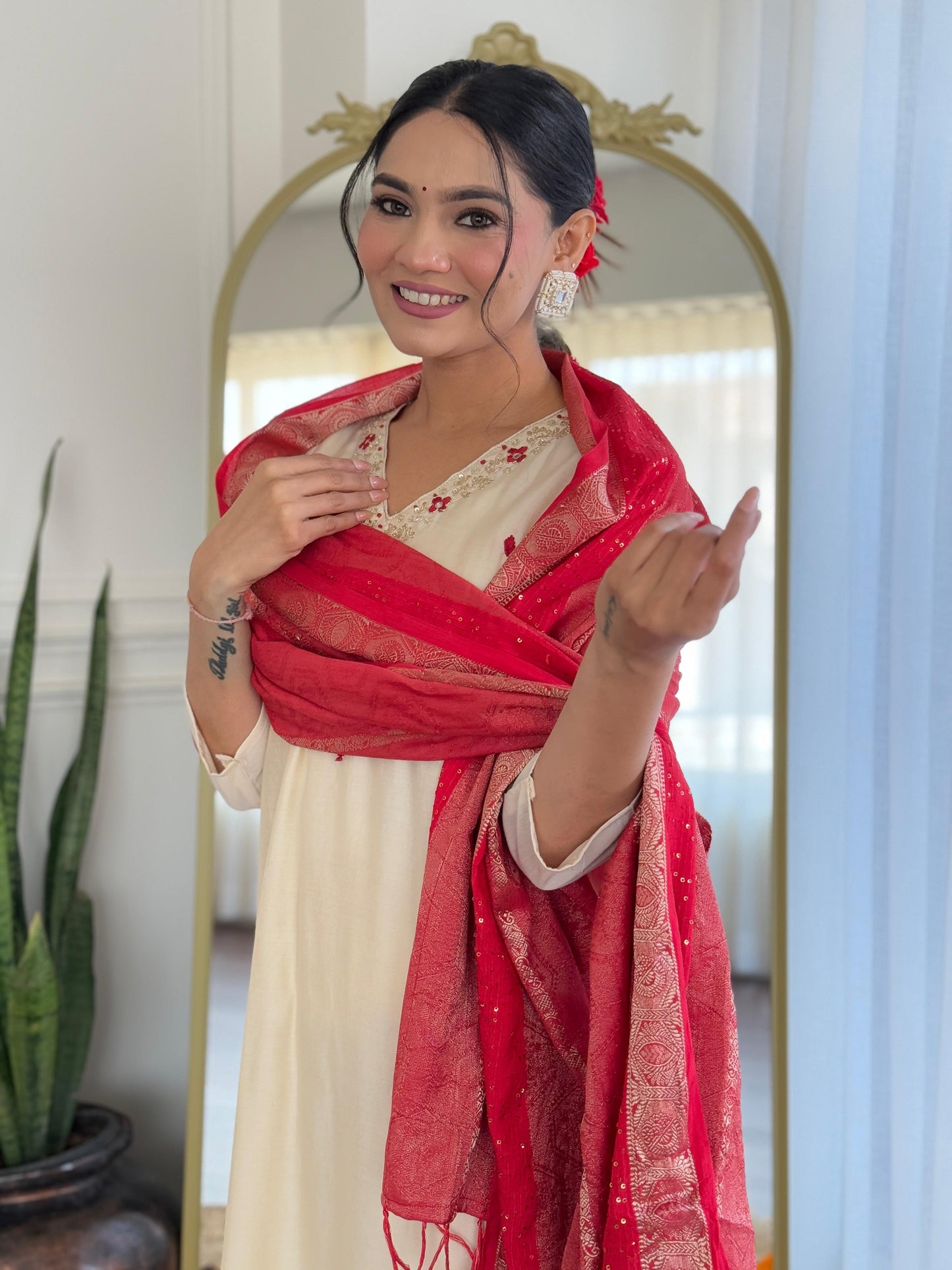 Myra Ivory Silk Suit Set with Scarlet Dupatta