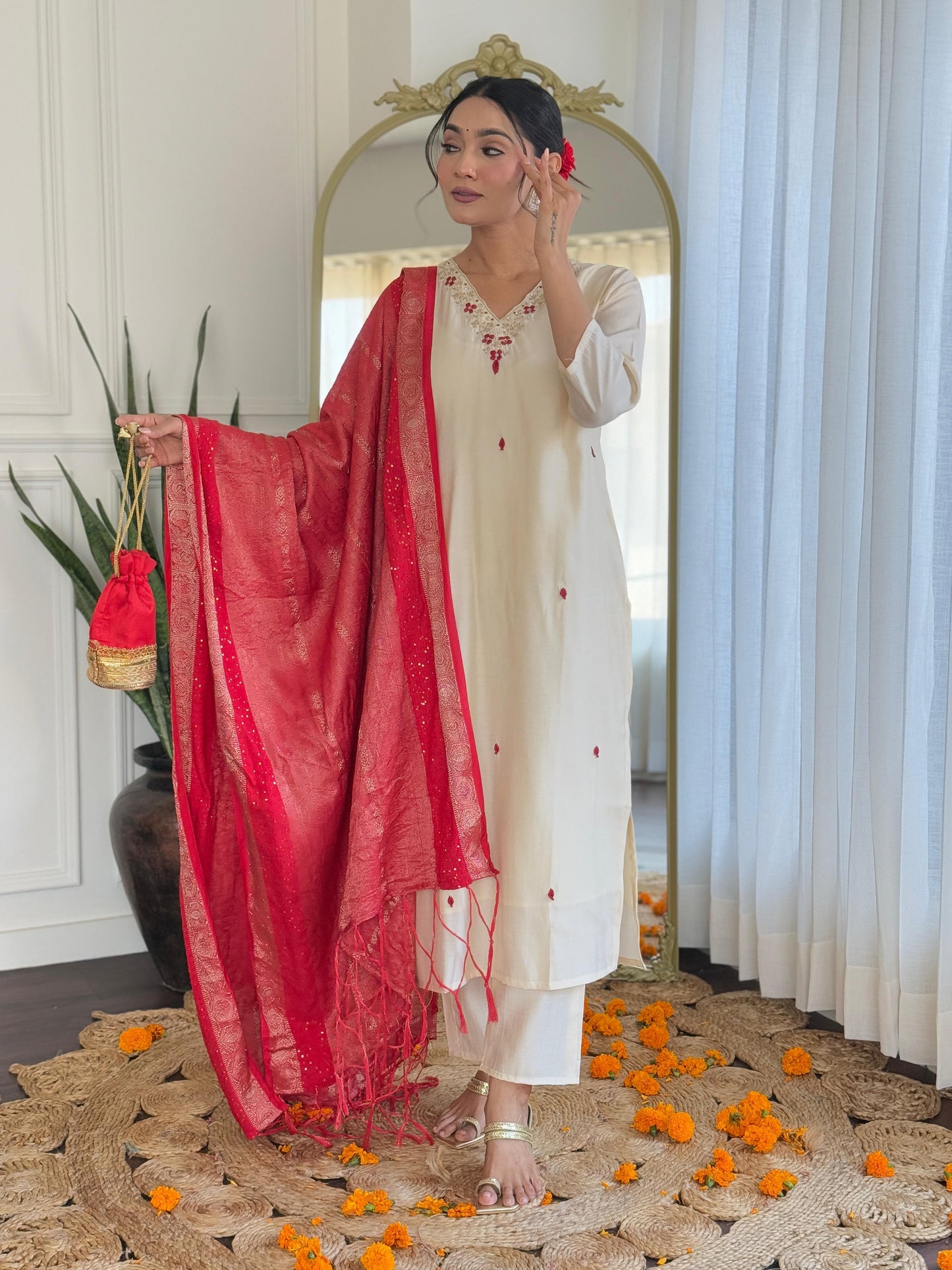 Myra Ivory Silk Suit Set with Scarlet Dupatta