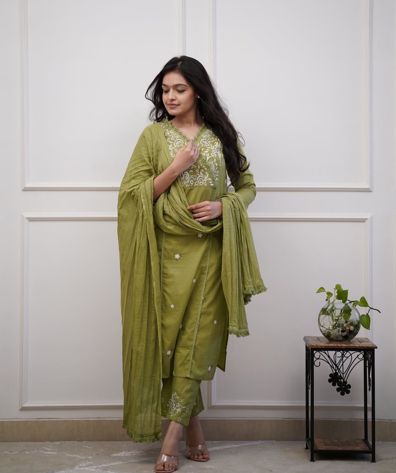 Janvika Olive Green Embroidered Pure Cotton Suit Set