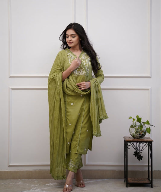 Janvika Olive Green Embroidered Pure Cotton Suit Set
