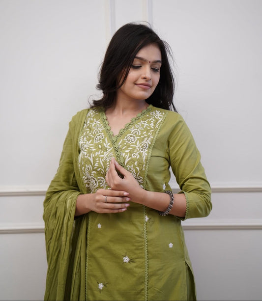 Janvika Olive Green Embroidered Pure Cotton Suit Set