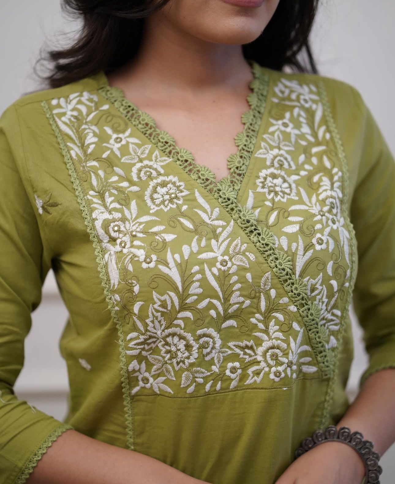 Janvika Olive Green Embroidered Pure Cotton Suit Set