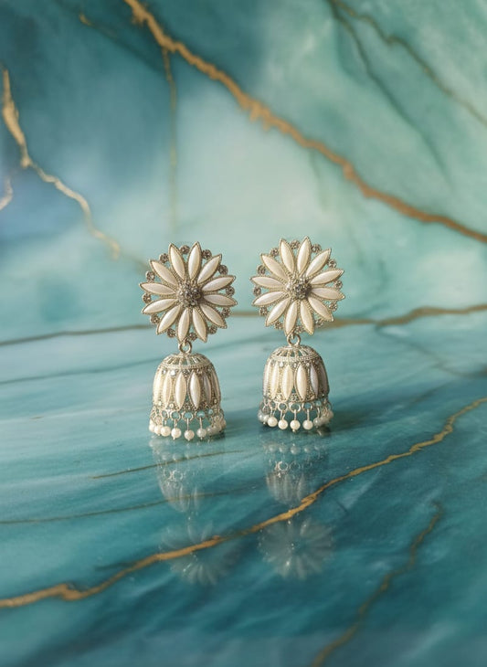 Antique Silver-Plated Floral Pot Chandbali Earrings