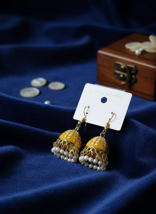 Mustard Enamel Meenakari Jhumkas