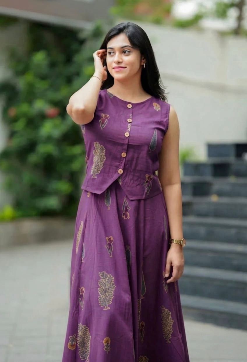 Nikhar Plum Purple Cotton Jacket-Style Crop Top and Flared Maxi Skirt Co-ord Set